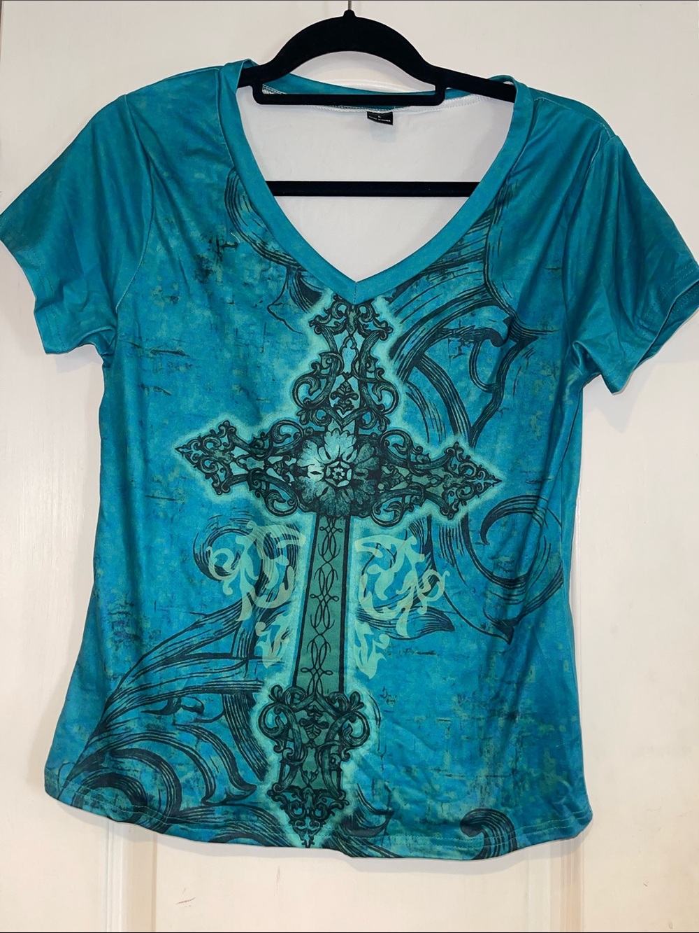 Women’s V-Neck Turquoise Graphic Cross Tee